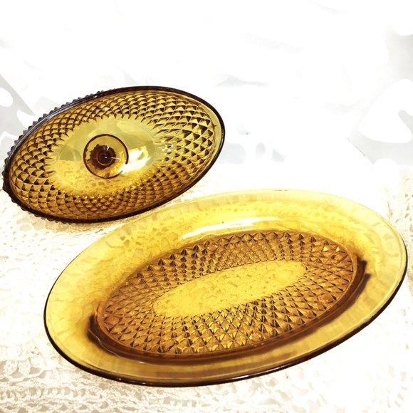 Indiana Glass Amber Diamond Point 70's  Oval Covered Butter Dish Vtg - Picture 7 of 12